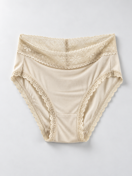 Mid Rise Silk Briefs with Lace Waistband in Nude