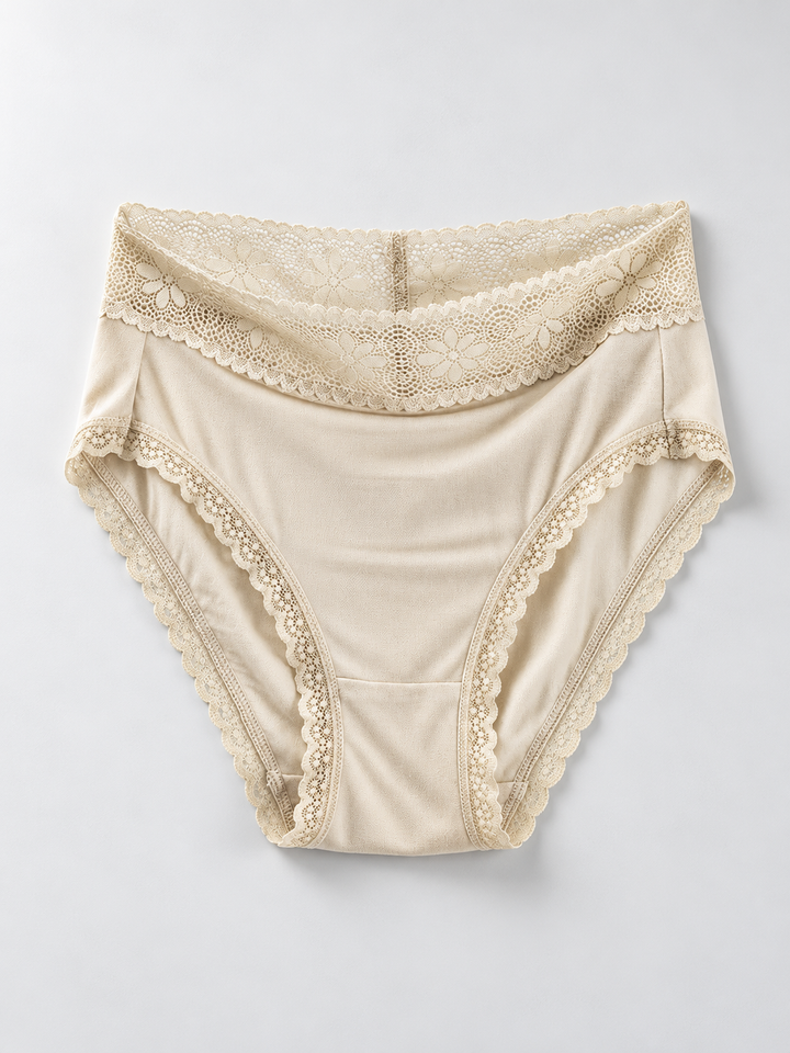 Mid Rise Silk Briefs with Lace Waistband in Nude