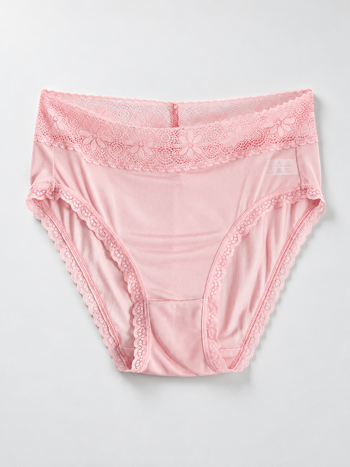Mid Rise Silk Briefs with Lace Waistband in Pink