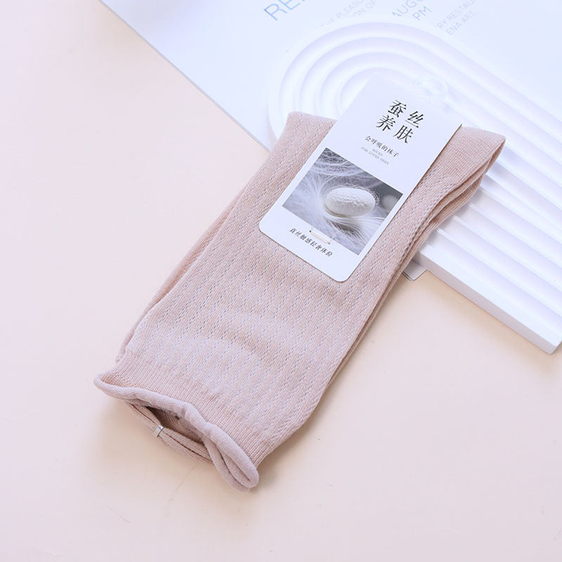 Ribbed Crew Socks with Rolled Cuffs - Beige Nude