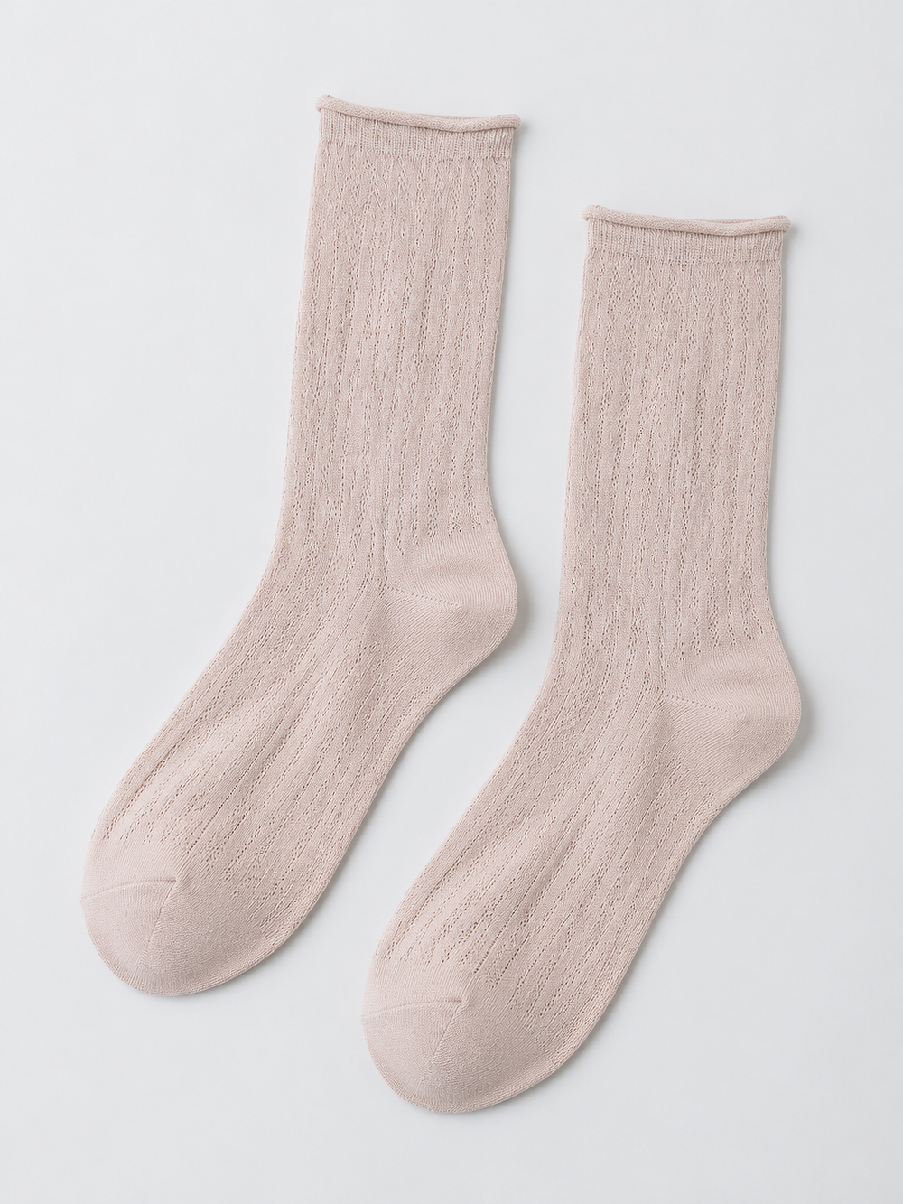 Ribbed Crew Socks with Rolled Cuffs in Beige Nude