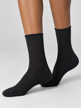 Ribbed Crew Socks with Rolled Cuffs in Black
