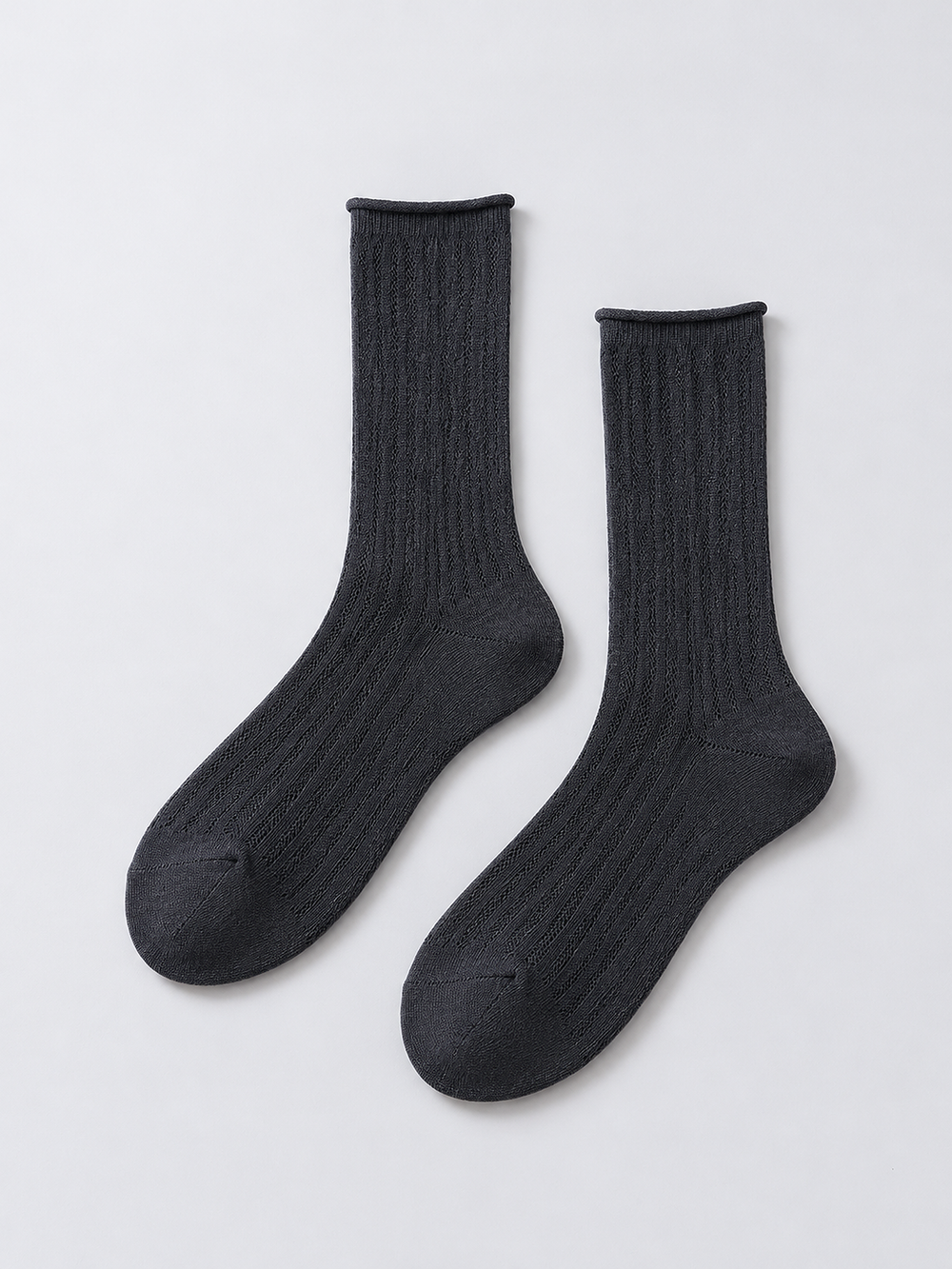 Ribbed Crew Socks with Rolled Cuffs in Dark Gray