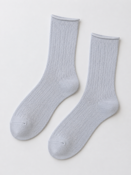 Ribbed Crew Socks with Rolled Cuffs in Light Gray