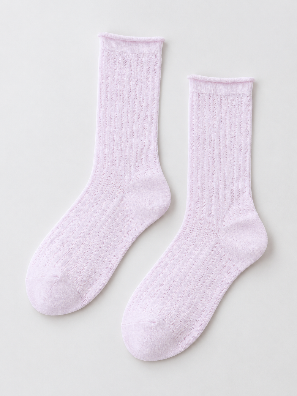 Ribbed Crew Socks with Rolled Cuffs in Pink