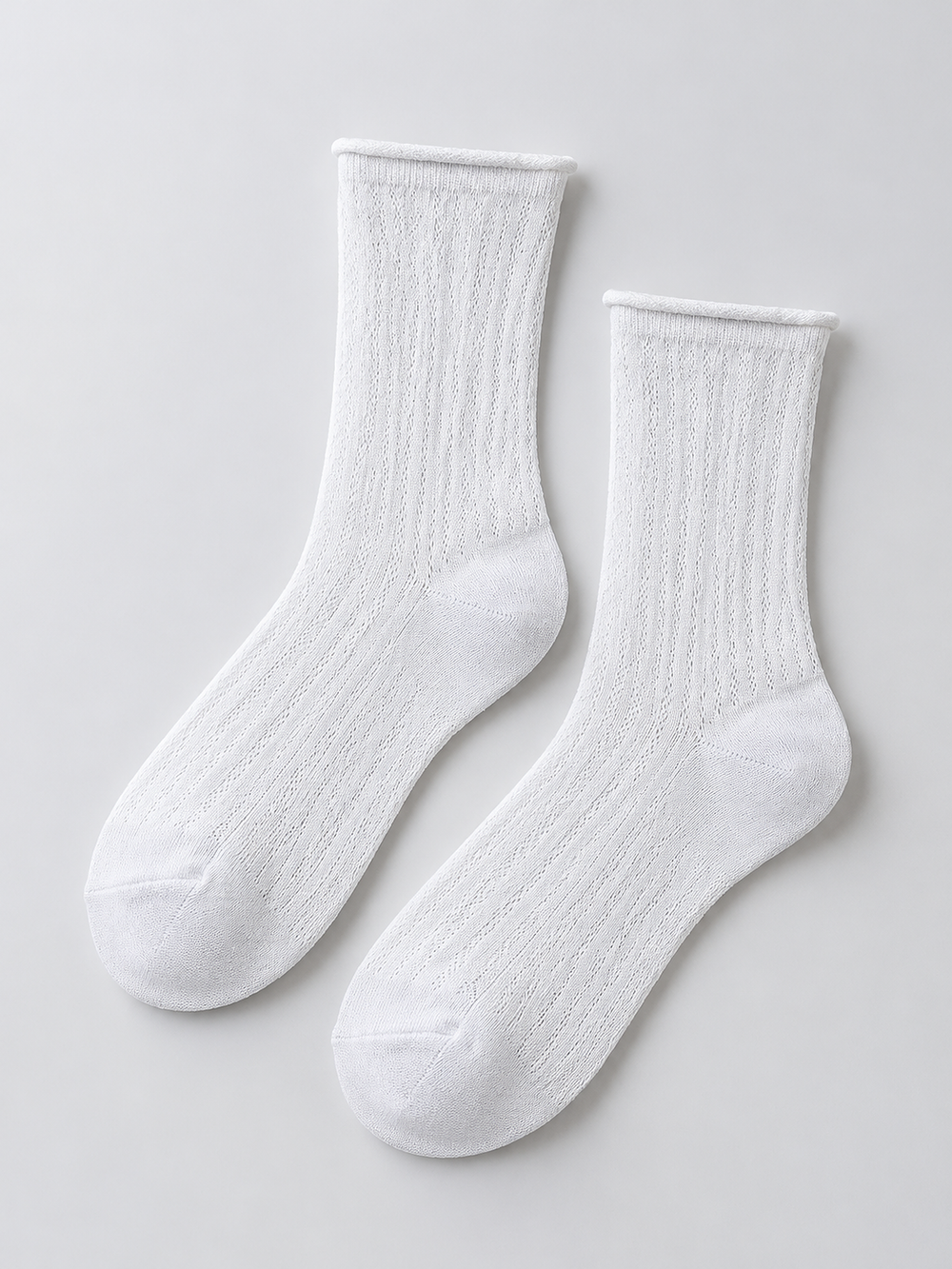 Ribbed Crew Socks with Rolled Cuffs in White