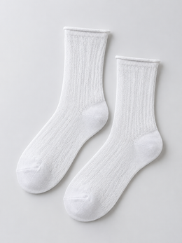 Ribbed Crew Socks with Rolled Cuffs in White