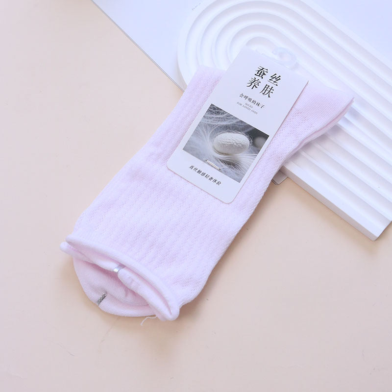 Ribbed Crew Socks with Rolled Cuffs - Pink