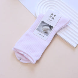 Ribbed Crew Socks with Rolled Cuffs - Pink