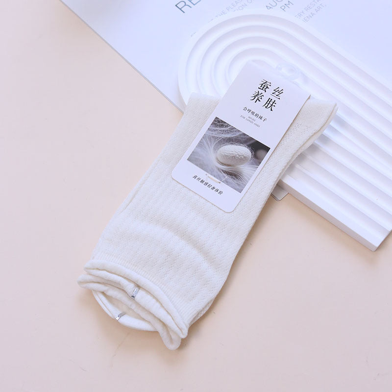 Ribbed Crew Socks with Rolled Cuffs - White
