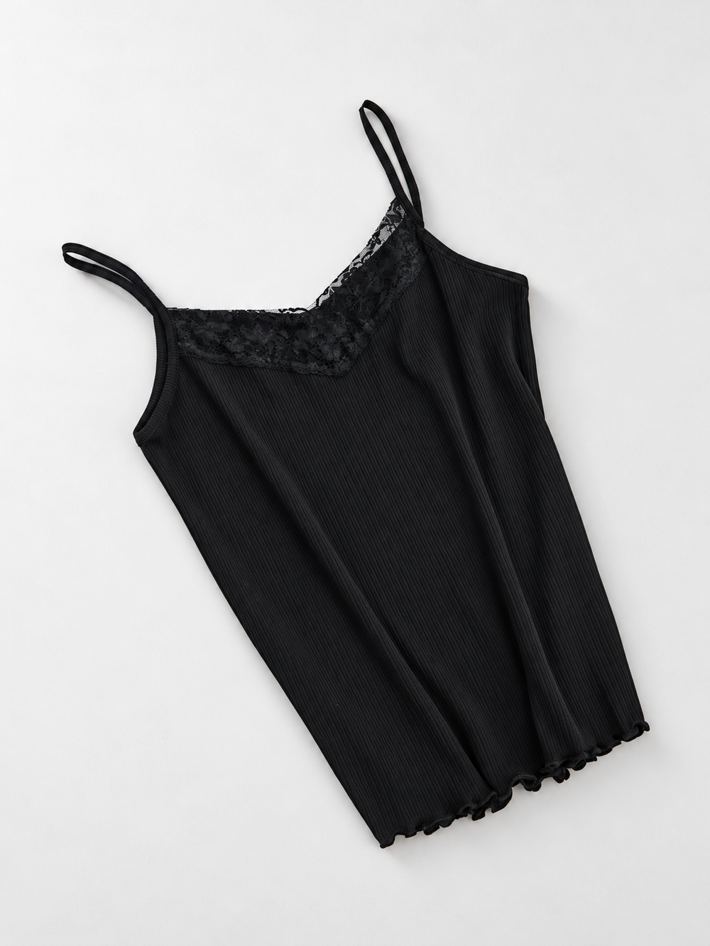 Ribbed Lyocell Silk Lace Camisole in Black