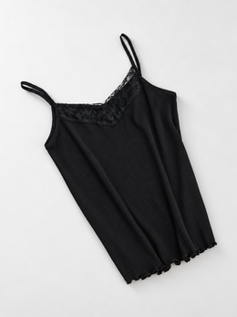 Ribbed Lyocell Silk Lace Camisole in Black
