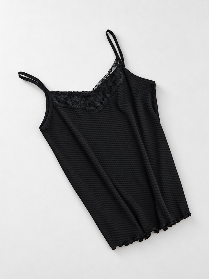 Ribbed Lyocell Silk Lace Camisole in Black