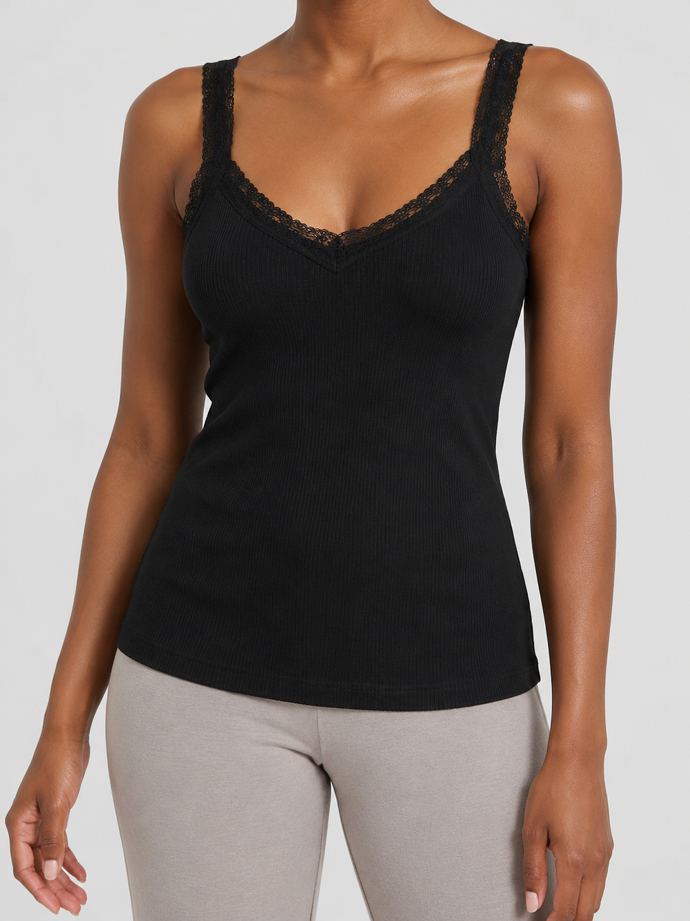 Ribbed Lyocell Silk Lace Tank in Black