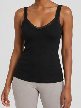 Ribbed Lyocell Silk Lace Tank in Black