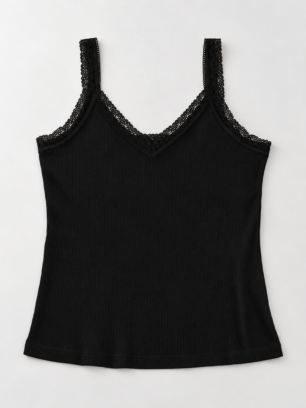 Ribbed Lyocell Silk Lace Tank in Black