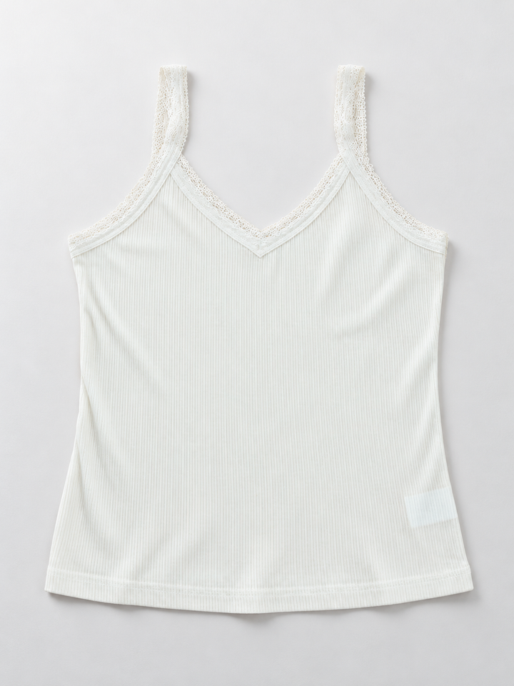 Ribbed Lyocell Silk Lace Tank in White