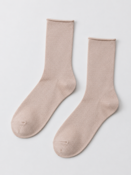 Rolled Cuff Crew Socks in Beige Nude