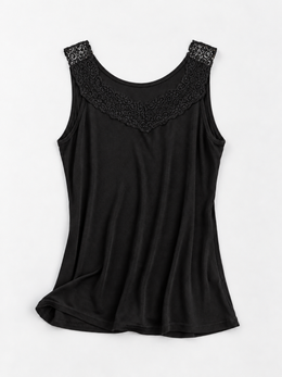 Round Neck Silk Knit Lace Tank in Black