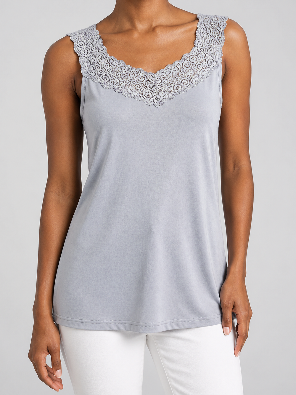Round Neck Silk Knit Lace Tank in Gray