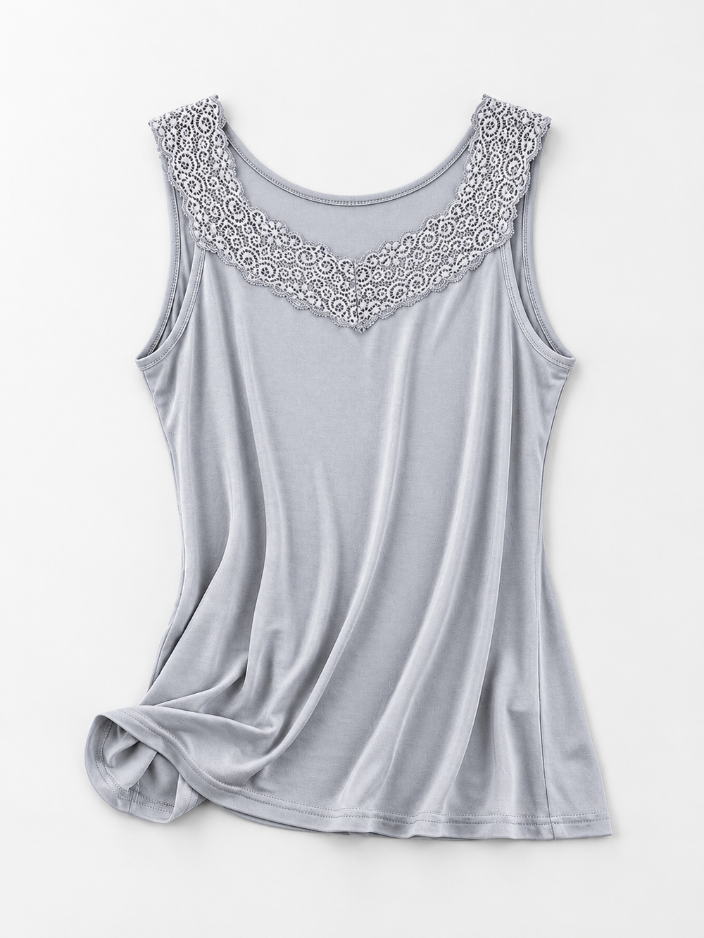 Round Neck Silk Knit Lace Tank in Gray