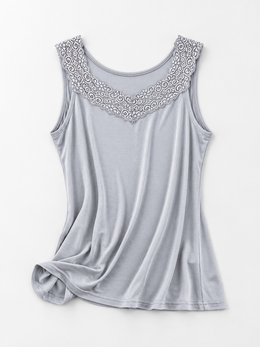 Round Neck Silk Knit Lace Tank in Gray