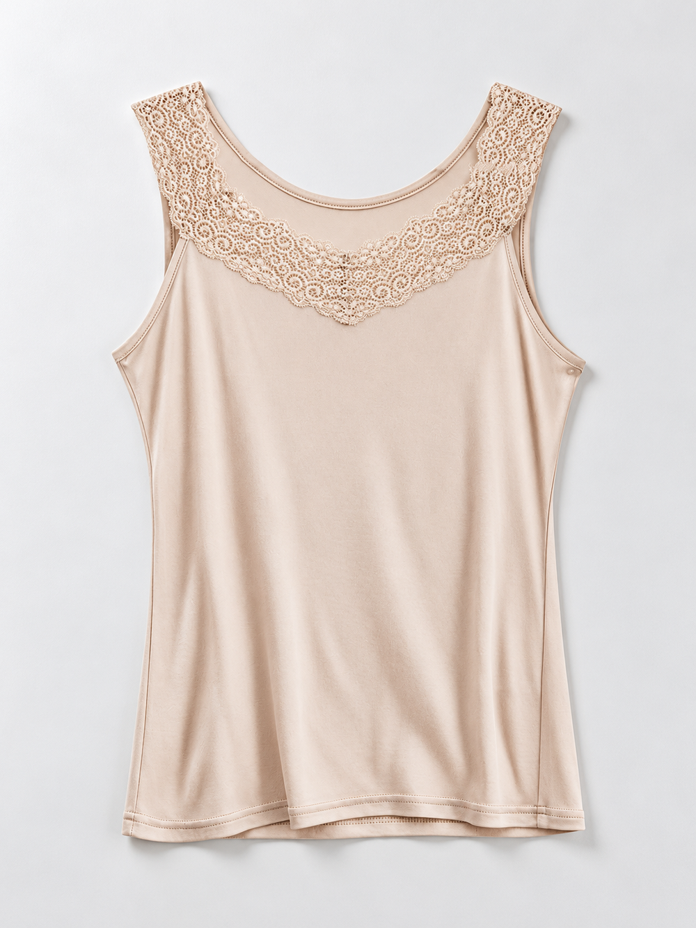 Round Neck Silk Knit Lace Tank in Nude
