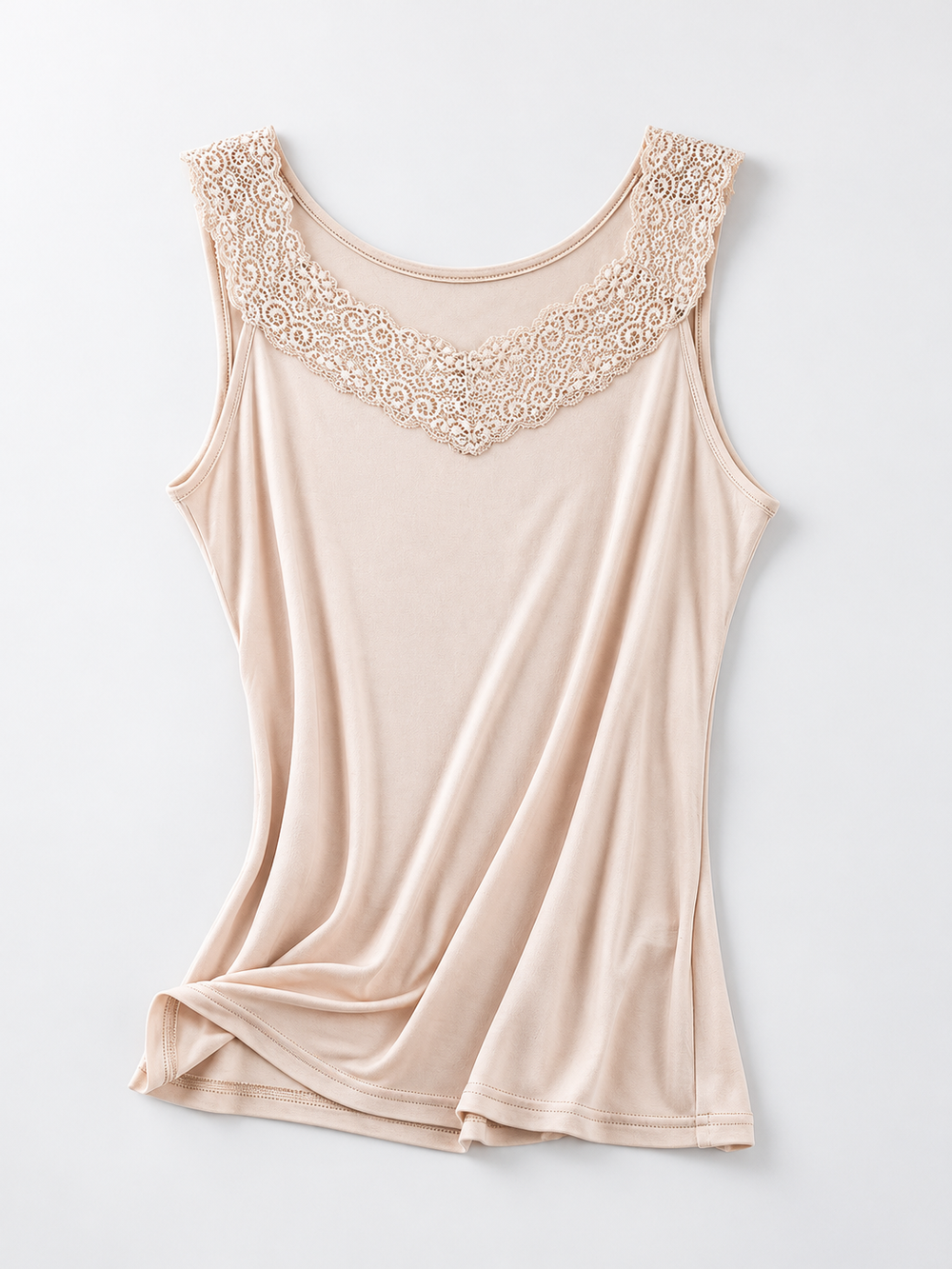 Round Neck Silk Knit Lace Tank in Nude