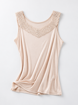 Round Neck Silk Knit Lace Tank in Nude