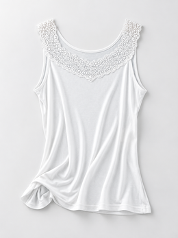 Round Neck Silk Knit Lace Tank in White