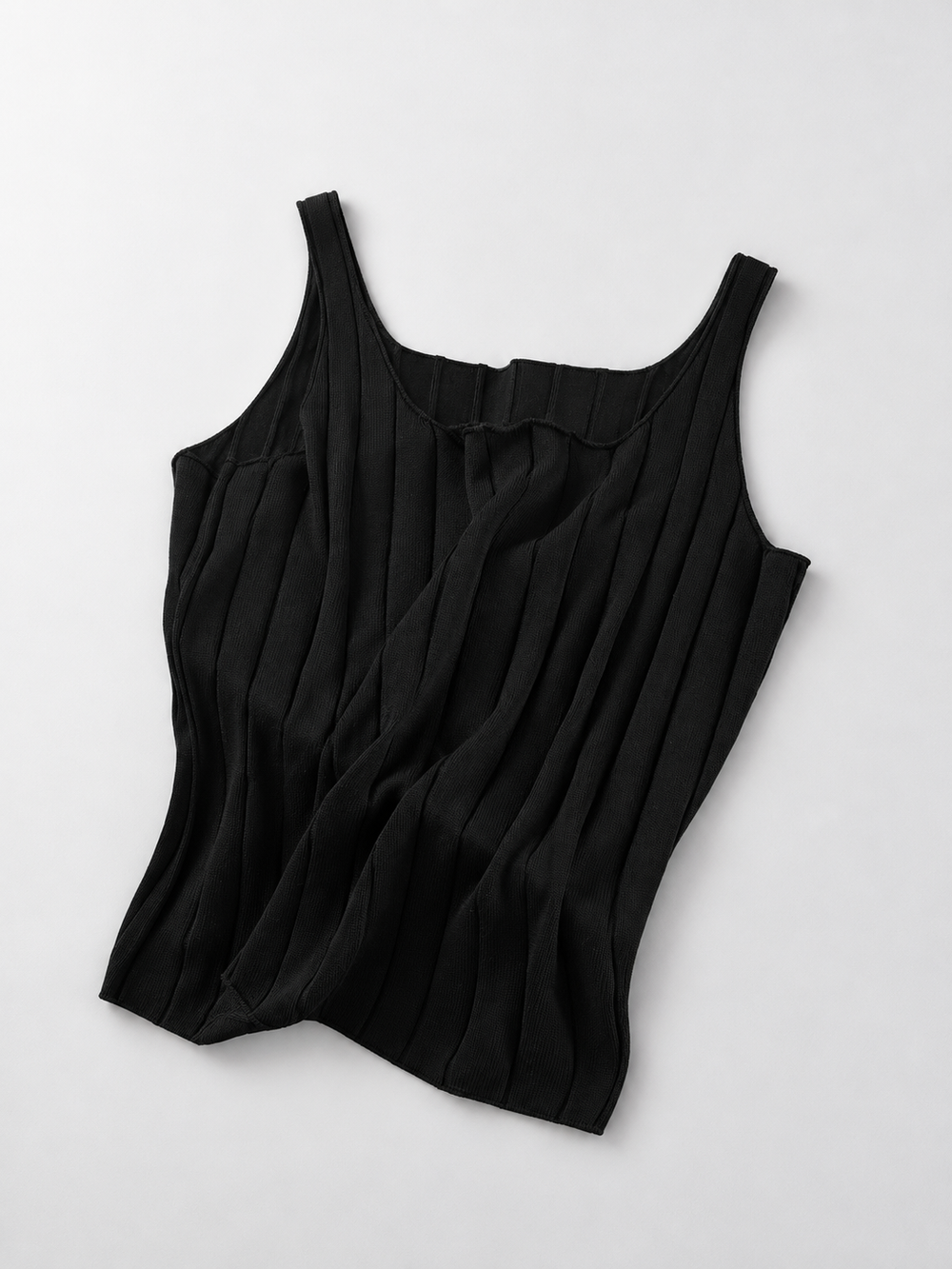 Round Neck Silk Lyocell Ribbed Tank in Black