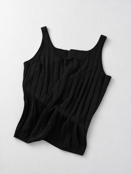 Round Neck Silk Lyocell Ribbed Tank in Black