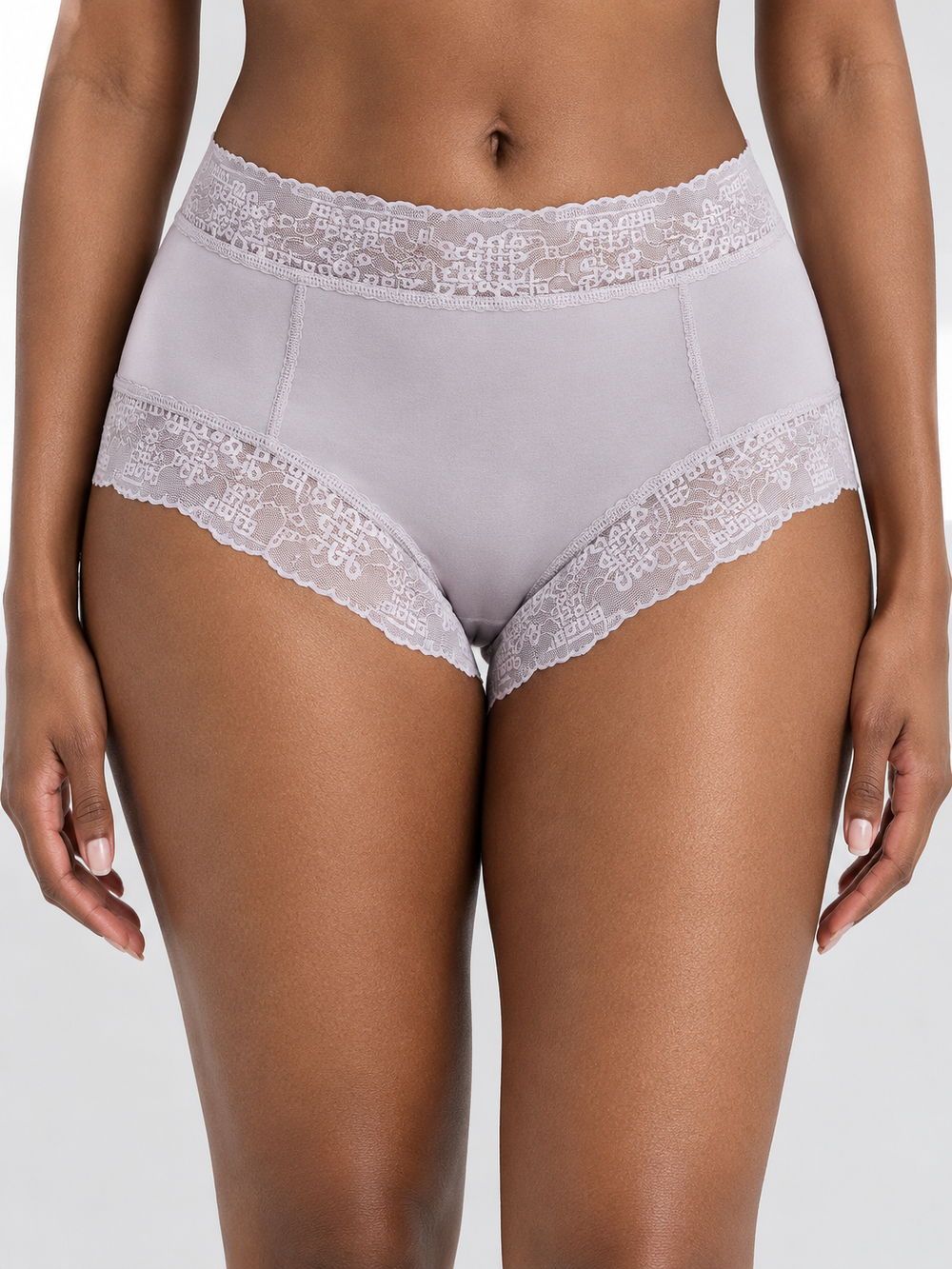 Silk Briefs with Geometric Lace Edging in Gray Purple