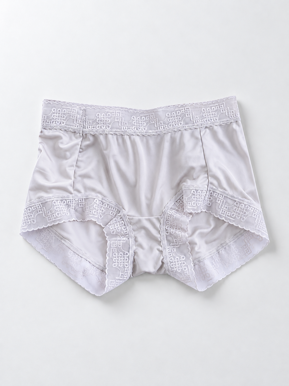 Silk Briefs with Geometric Lace Edging in Gray Purple