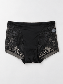 Silk Briefs with Geometric Lace Panels in Black