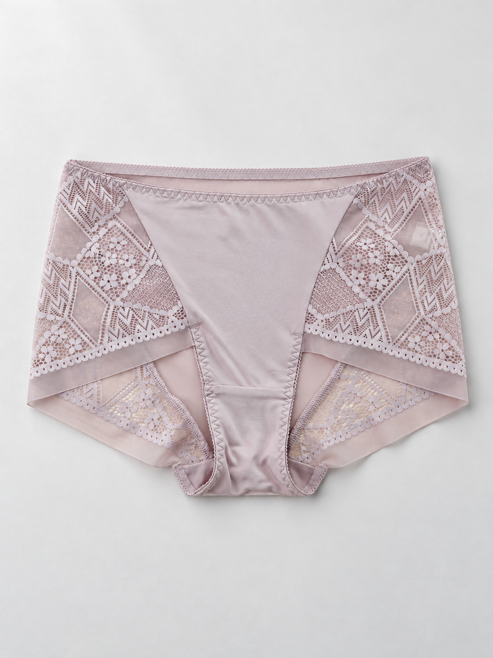 Silk Briefs with Geometric Lace Panels in Gray Purple