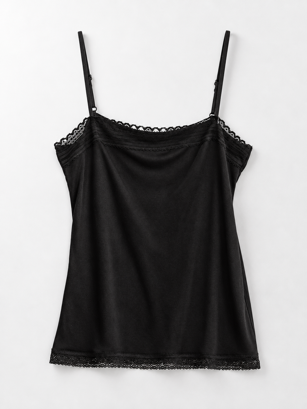 Silk Knit Cami with Lace Edging in Black