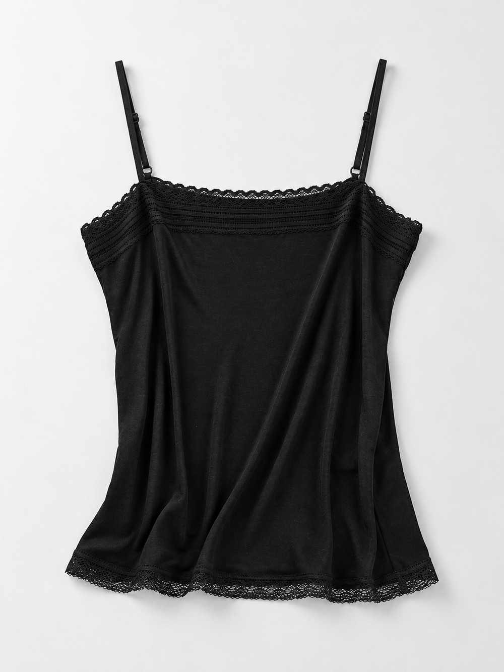 Silk Knit Cami with Lace Edging in Black