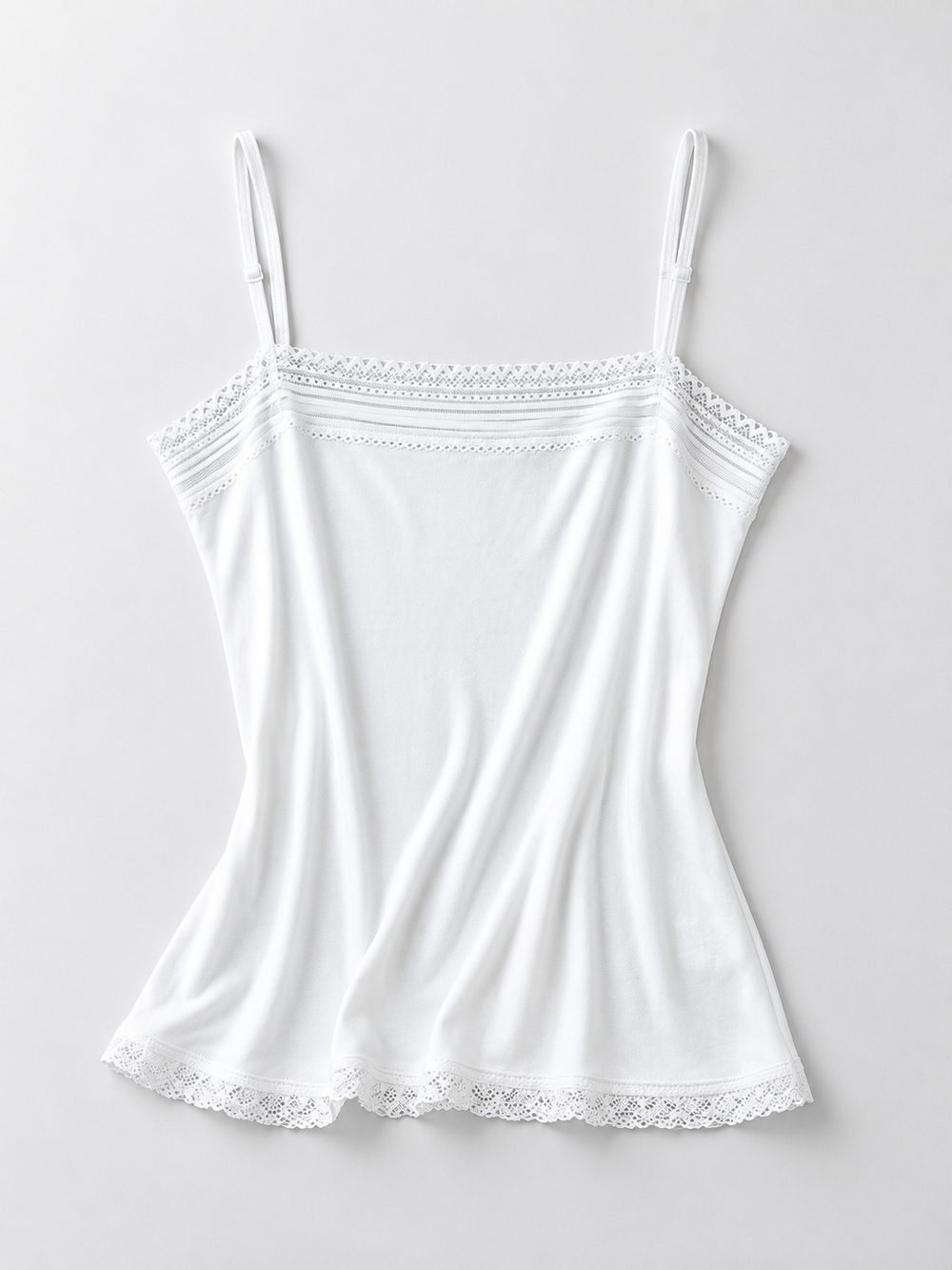 Silk Knit Cami with Lace Edging in White