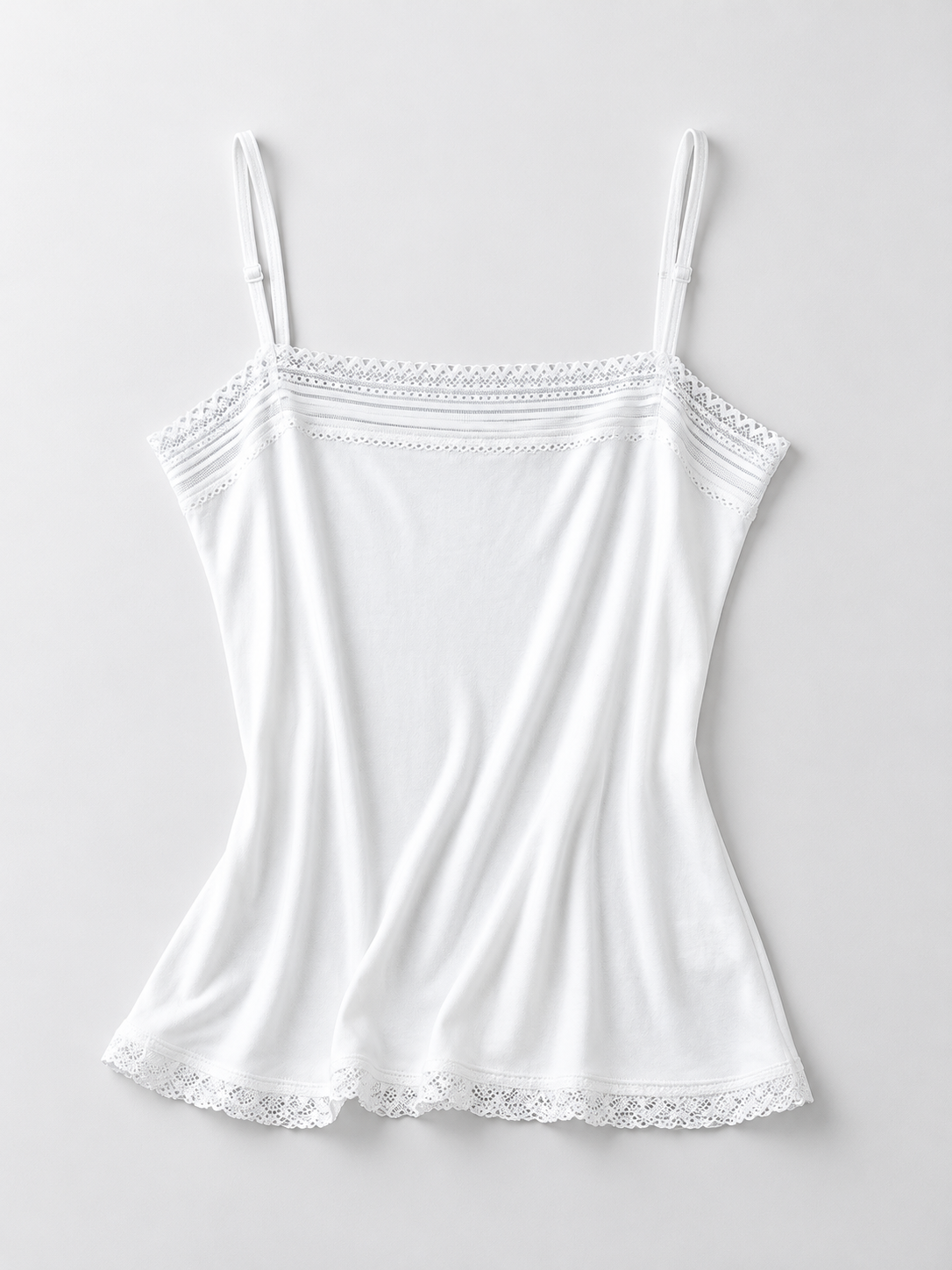 Silk Knit Cami with Lace Edging in White