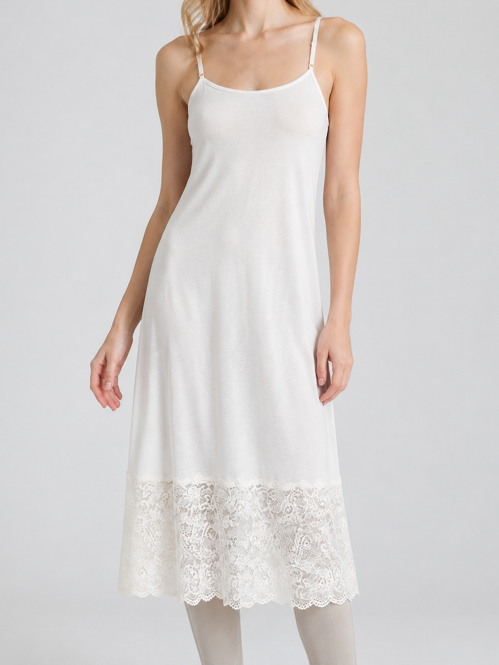 Silk Knit Slip with Lace Hem in White