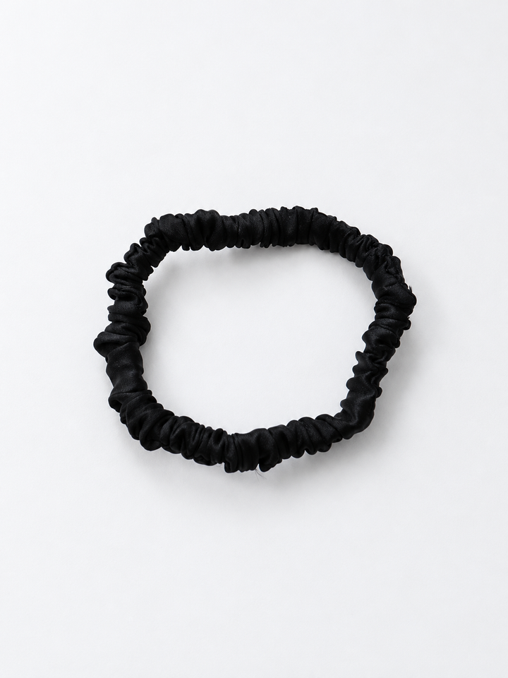 Slim Stretch Silk Satin Scrunchie in Black