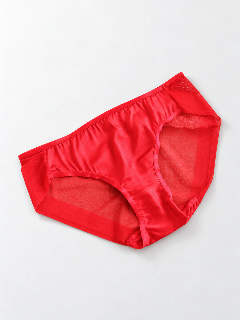 Stretch Silk Satin Briefs with Mesh Panels in Red
