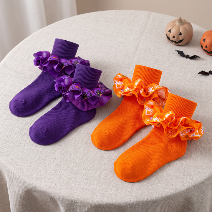 Toddler & Girls Halloween Ruffle Socks, 2 Pairs - Purple, Orange, 2 pairs, Halloween variant product photo