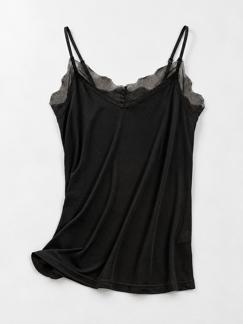 V Neck Silk Acetate Lace Camisole in Black