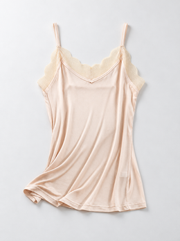 V Neck Silk Acetate Lace Camisole in Peach Nude