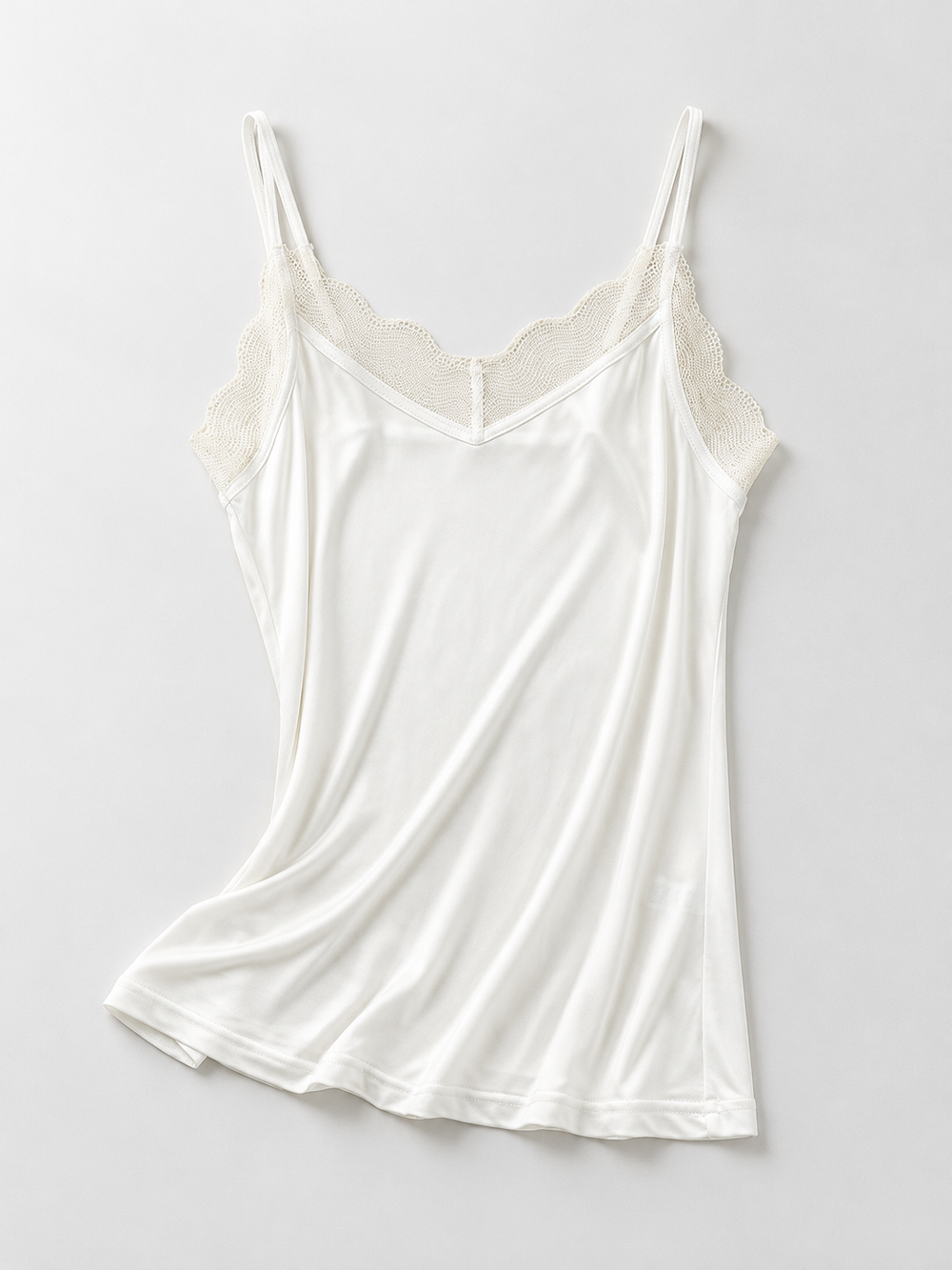 V Neck Silk Acetate Lace Camisole in White