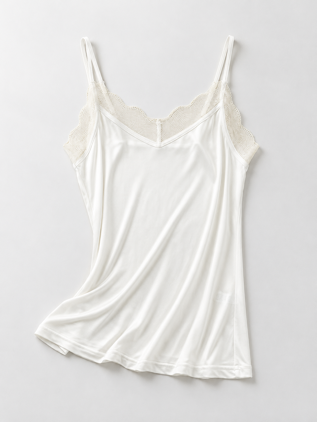 V Neck Silk Acetate Lace Camisole in White