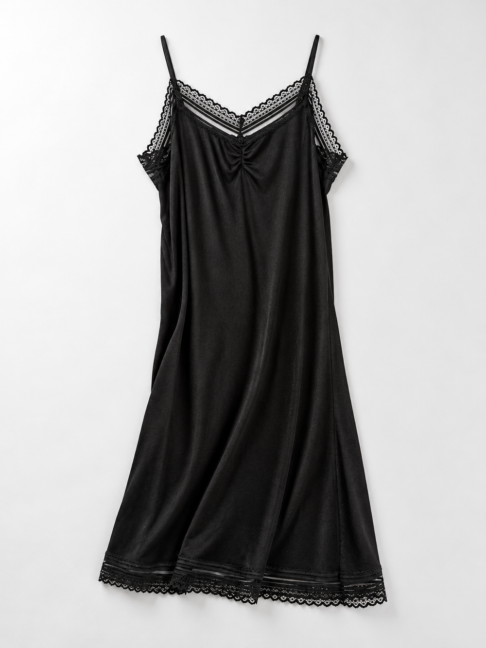 V Neck Silk Knit Lace Slip in Black