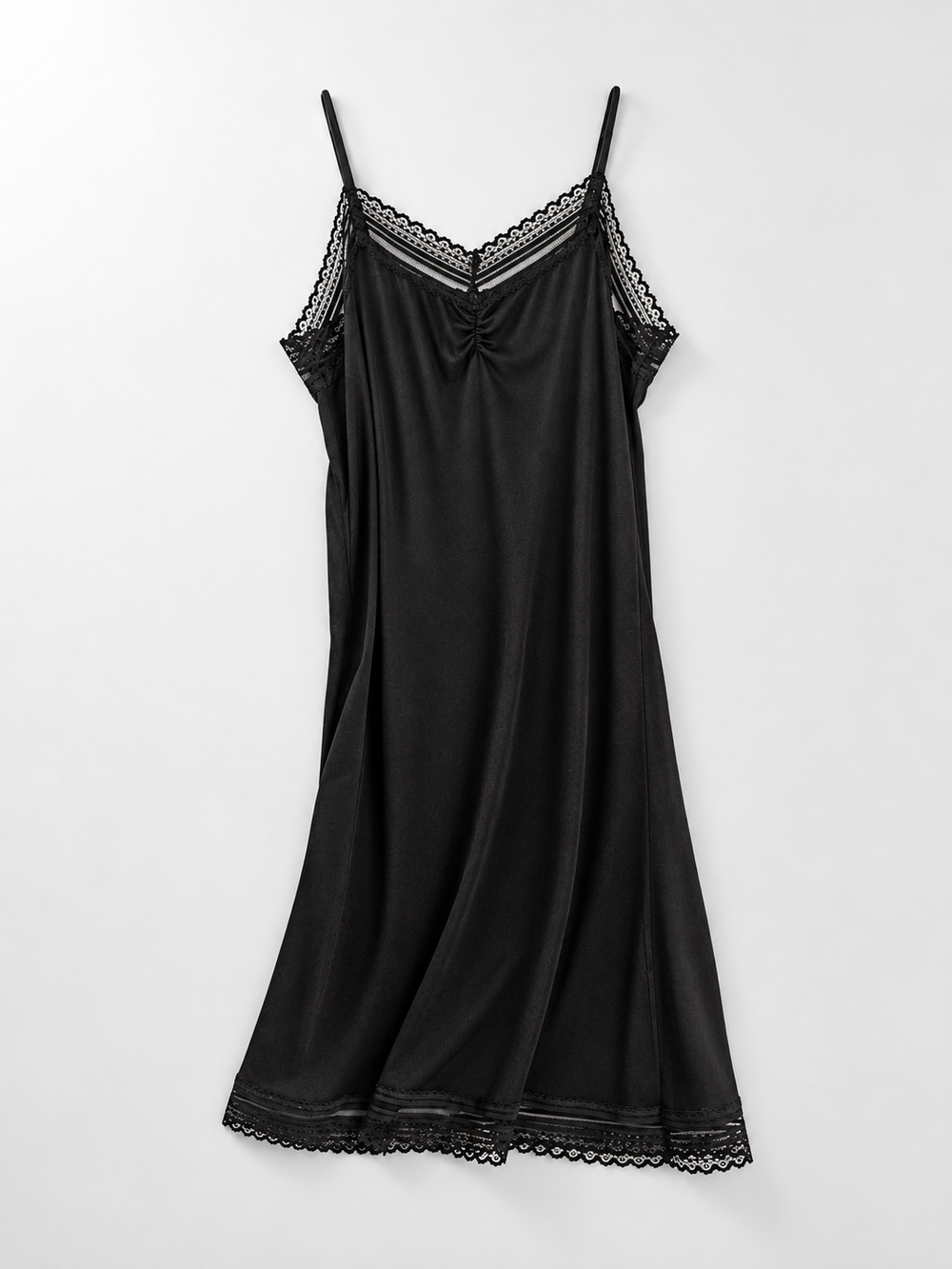 V Neck Silk Knit Lace Slip in Black